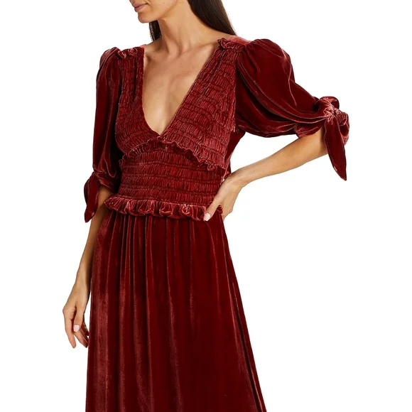 Sea New York Mayde Velvet Puff Sleeve Smocked Bow Midi Maxi Dress - Picture 5 of 11